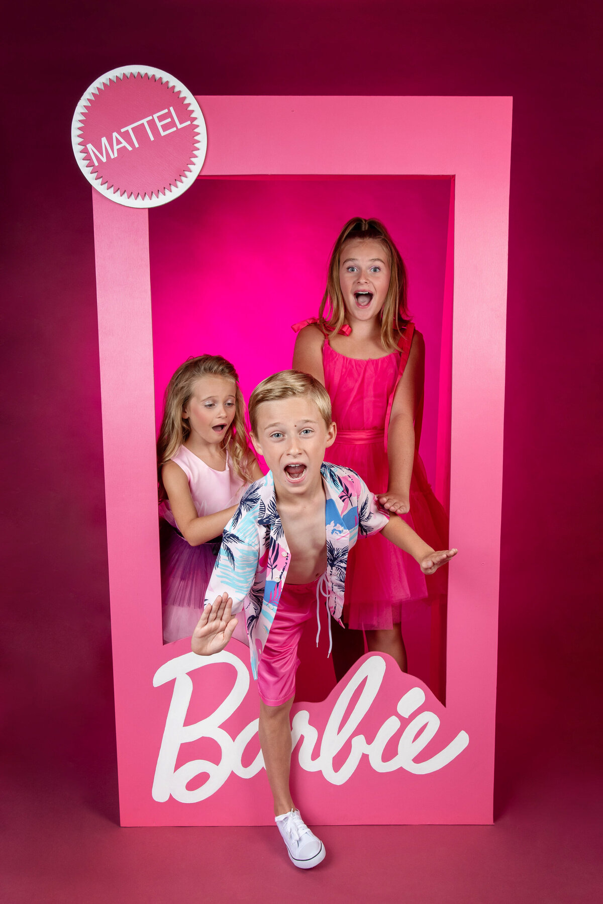 st-louis-family-photographer-2-sister-and-pushing-brother-out-of-life-size-barble-box