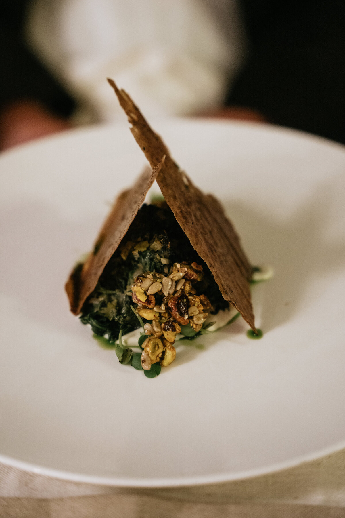 Vegan plated dish with autumn leaf garnish