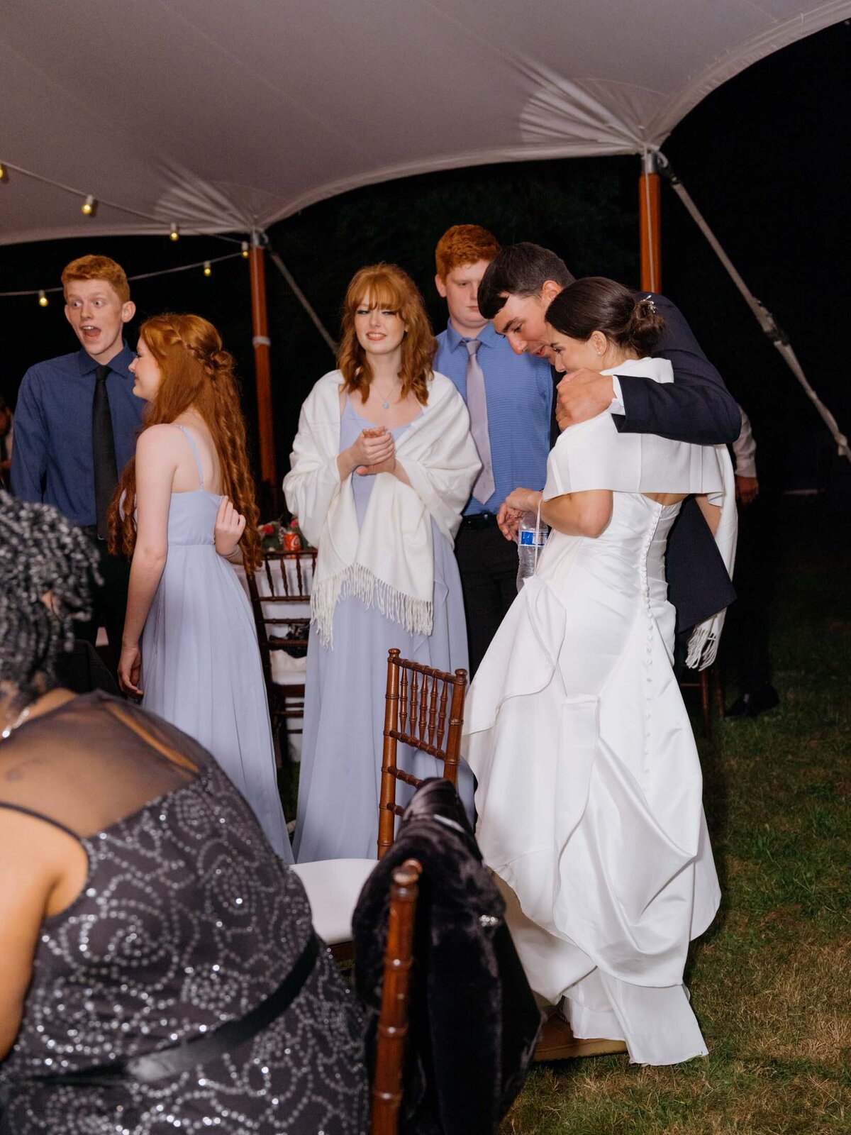 Elegant tented reception at private estate wedding.