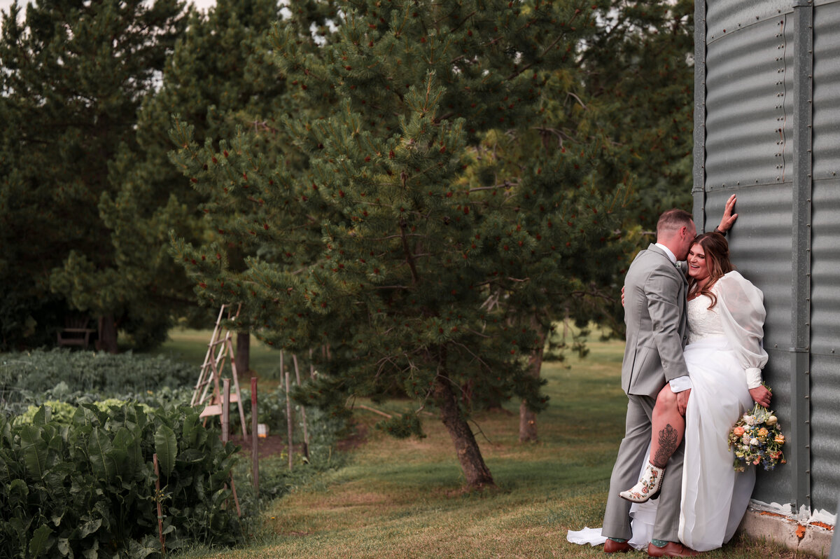 bride and groom in romatic, country wedding in Edmonton, Alberta
