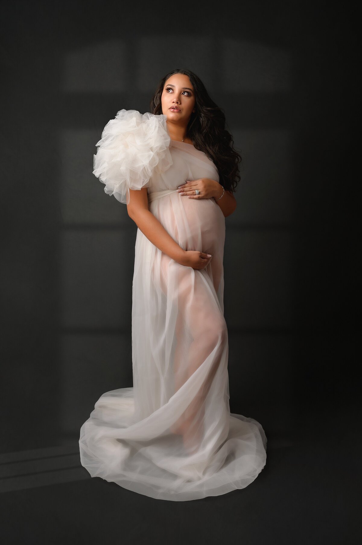 Brunette model poses for pregnant photoshoot in cream colored tulle maternity gown with shadows in the background.