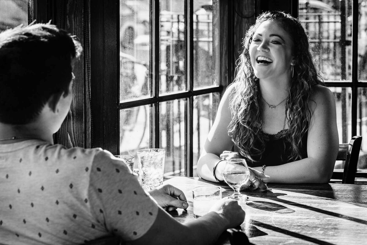 Missoula engagement couple at Top Hat restaurant, downtown Missoula