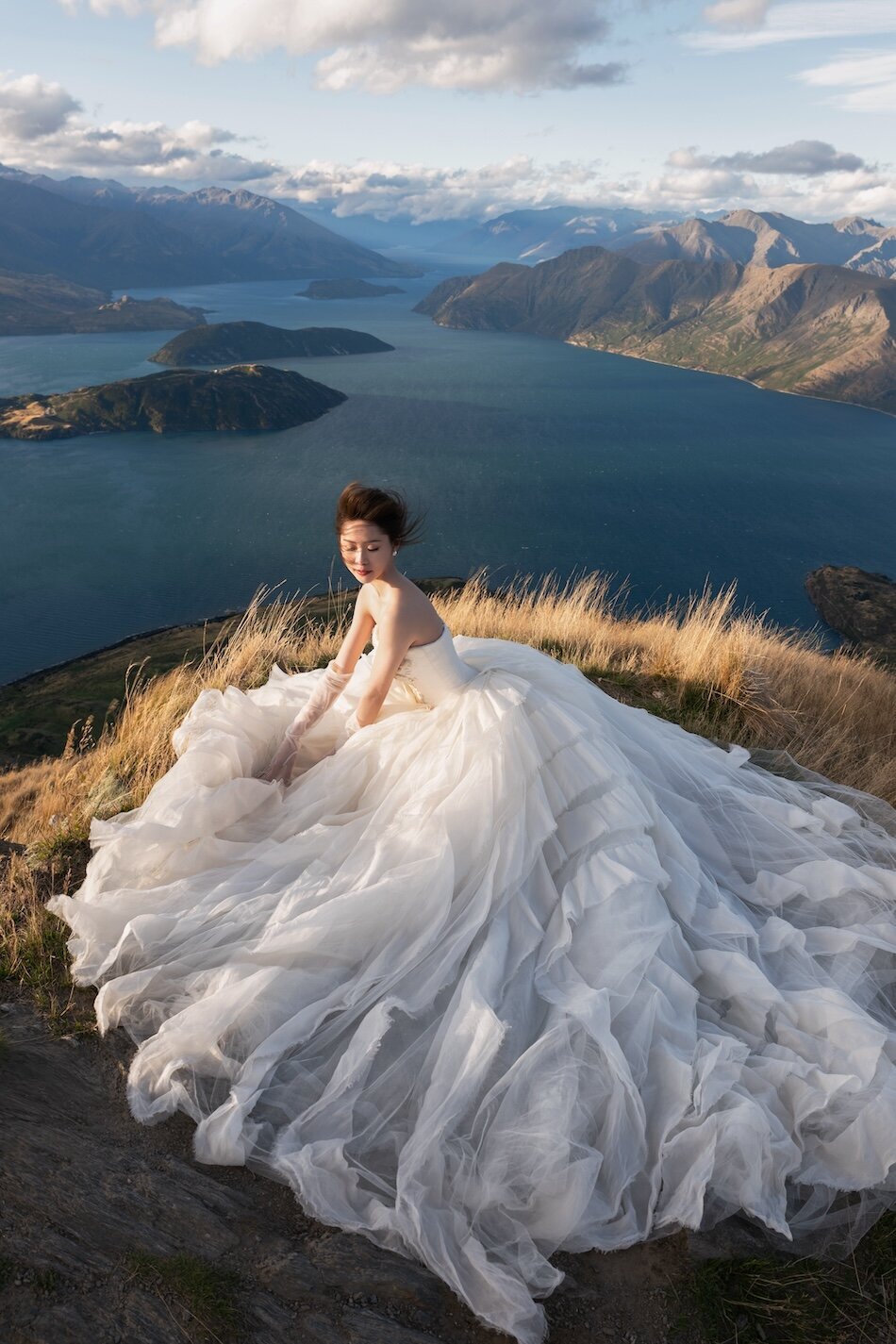 Wedding shoot, Coromandel Peak, Wanaka. Vera Wang Haute iconic wedding dresses.