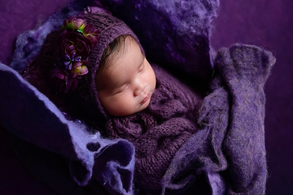 Newborn studio session of baby girl wrapped in purple wraps and fluff on a purple background. Photo captured by E. Benecki Photography.