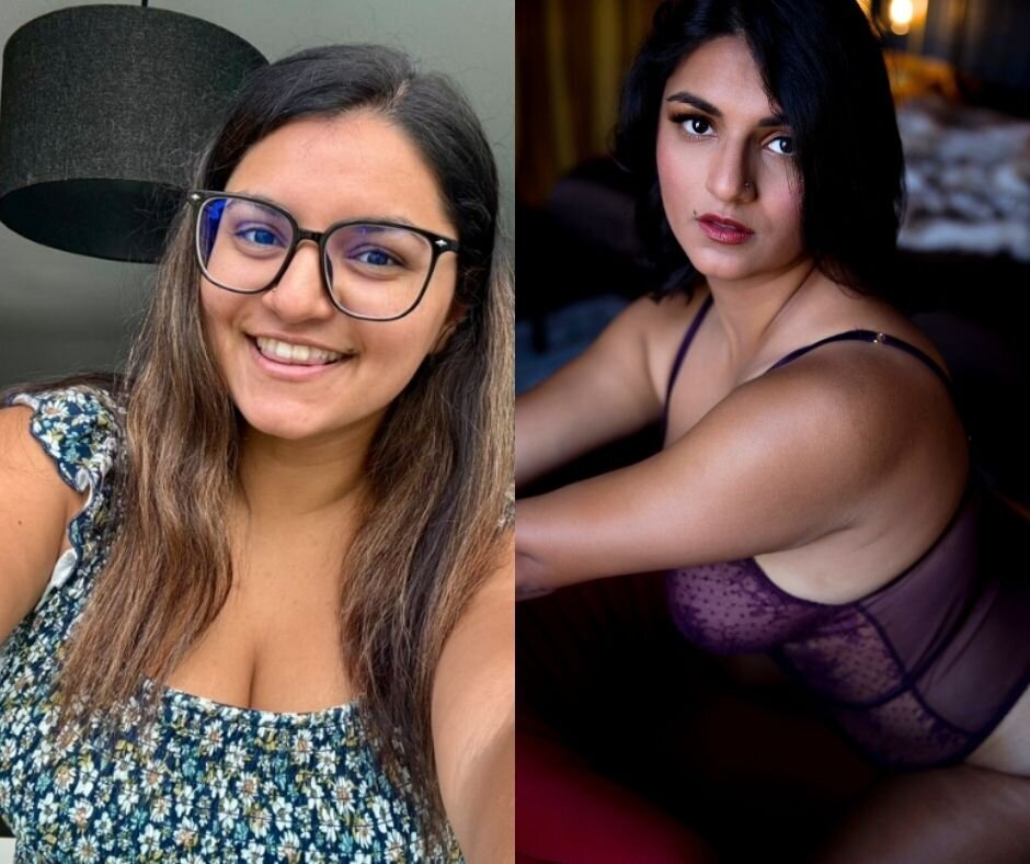 DC boudoir photography images of a woman smiling in a blue blouse next to her kneeling in purple lingerie in a studio