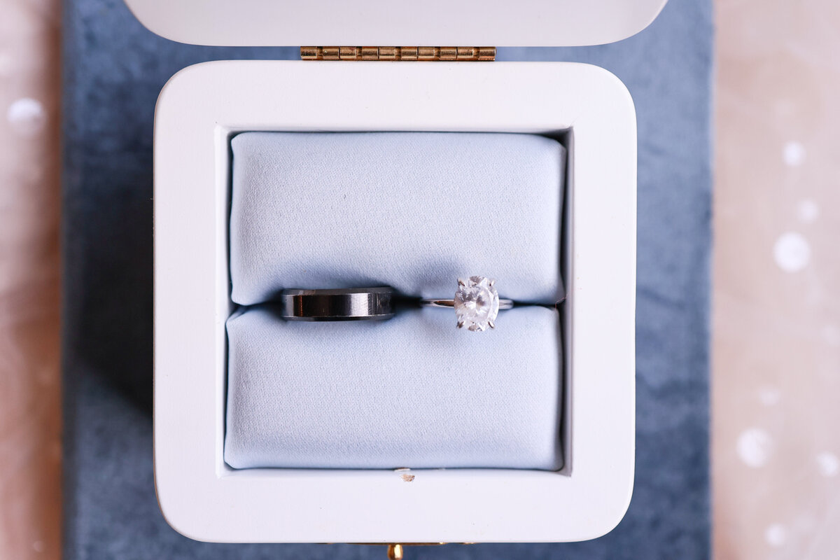 wedding rings in blue ring box by Atlanta Georgia wedding photographer Amanda Richardson Photography