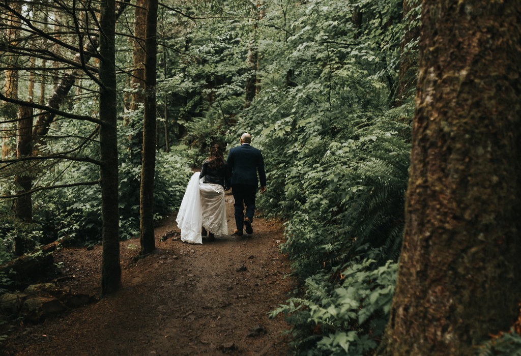 Bride and Groom portrait in the woods of Mt. Rainier during their elopement wedding.