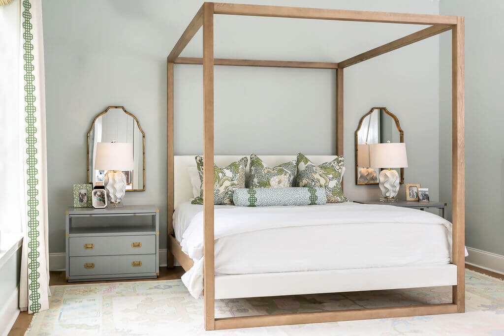 sweet southern home gracies space wooden canopy bed gray side table