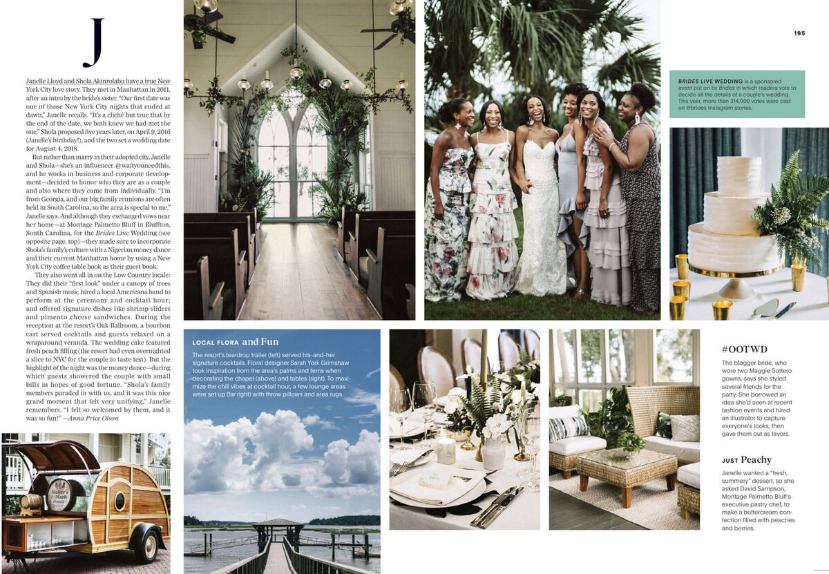 A page in the Brides Magazine with several images of a wedding in Montage at Palmetto Bluff. Image by Jenny Fu Studio