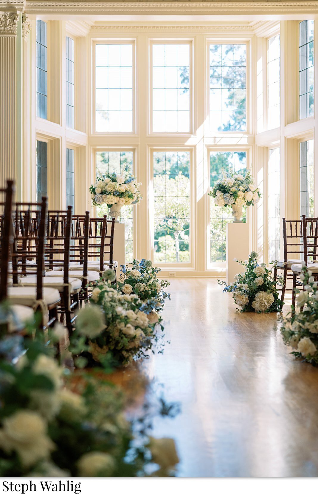 aisle makers, urn arrangements, pedestals, white flowers, something blue, 