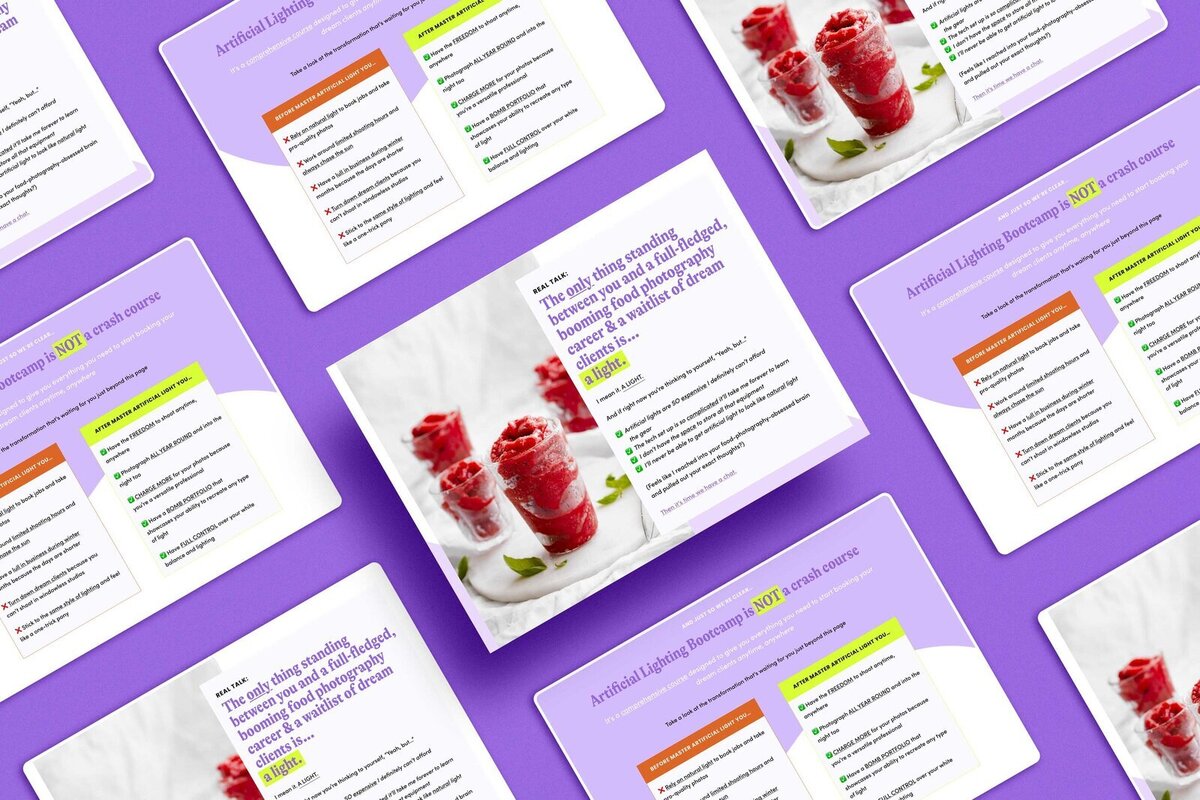 Screenshots of pages from a website laid out on a purple background