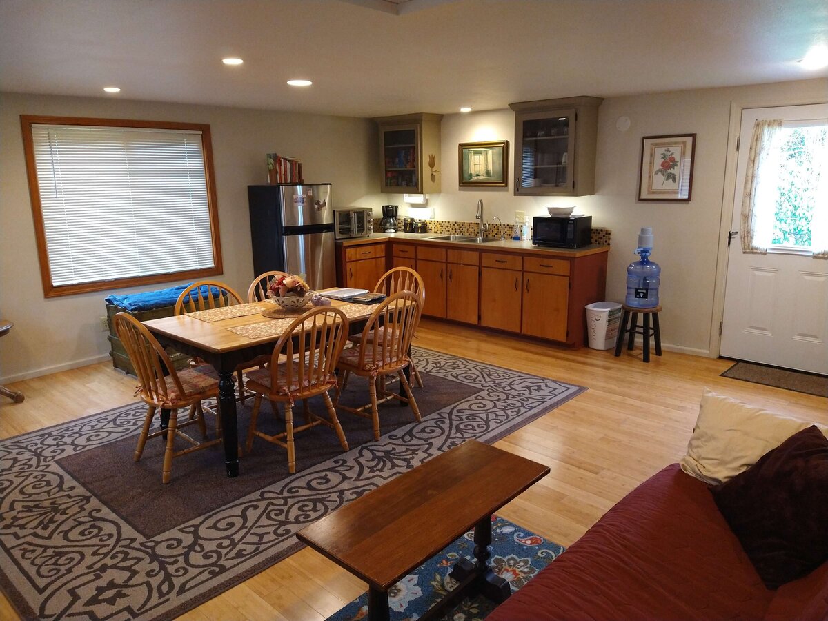 View from couch shows dining table and kitchenette and door leading outside.