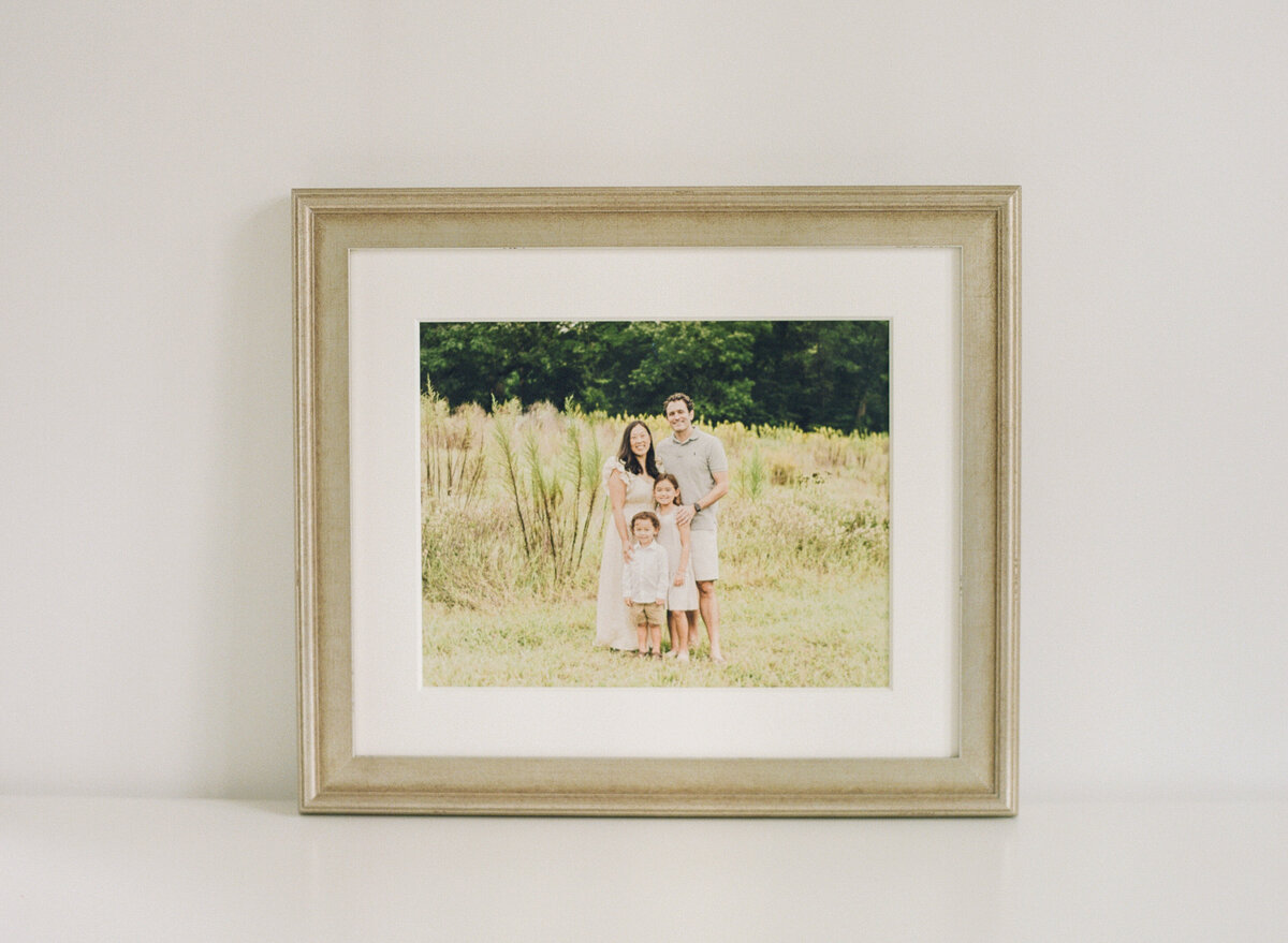 Gold framed portrait of a family smiling in a field photographed by Raleigh family Photographers A.J. Dunlap Photography