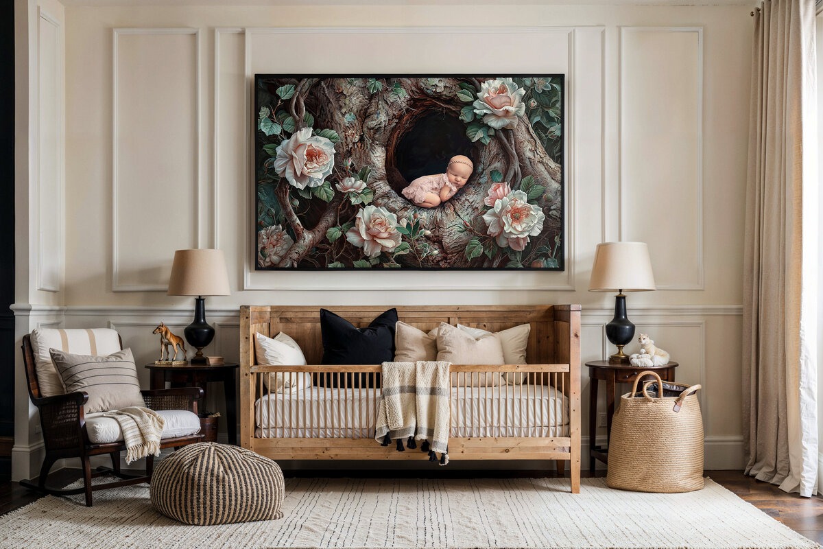 Striking family portrait featuring a proud mother and father holding their newborn baby close, captured in a rich, moody setting by a Dallas newborn photographer known for luxury and emotion-filled imagery.