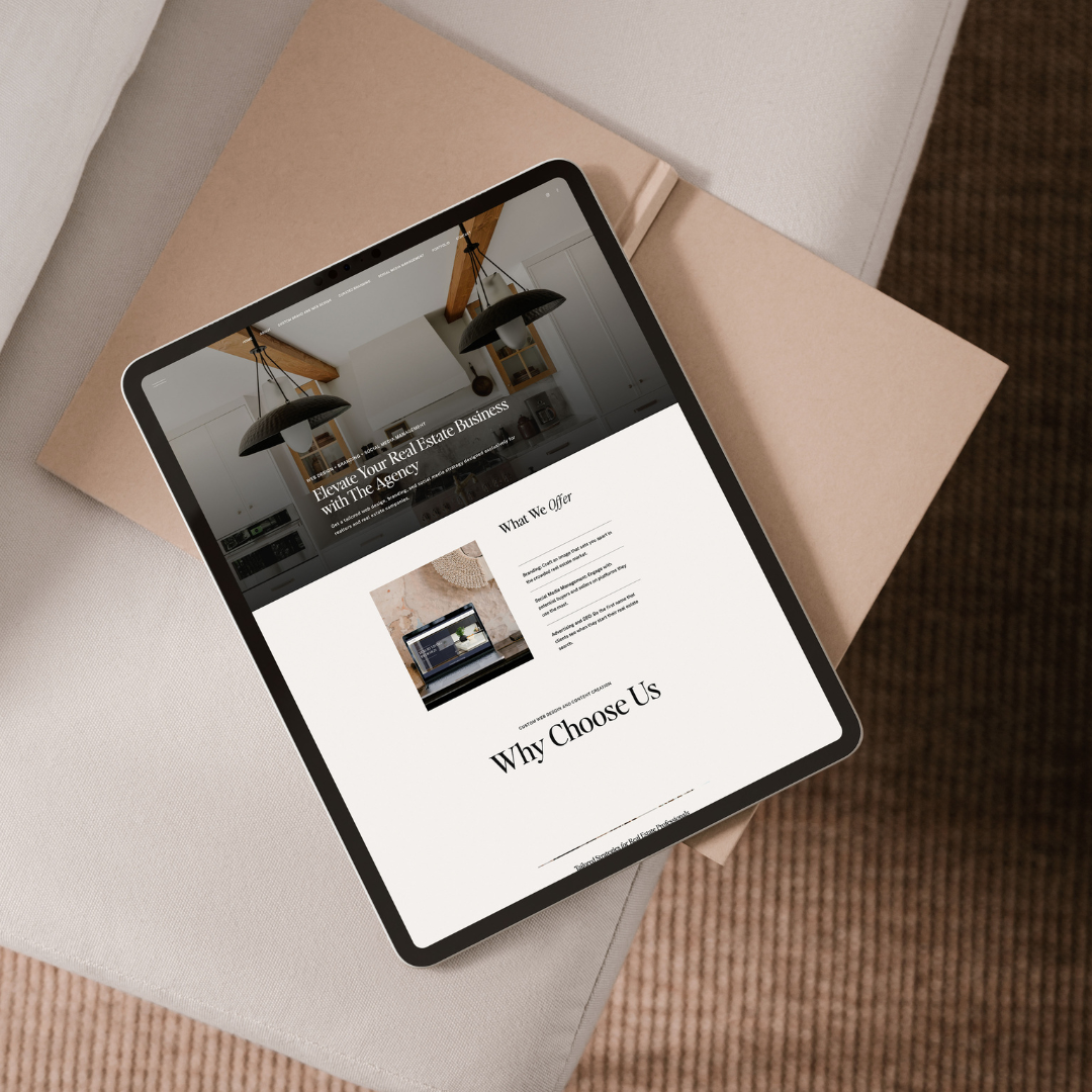 Neutral-tone tablet view of a clean, professional website created for a high-end kitchen and bath remodeling business.