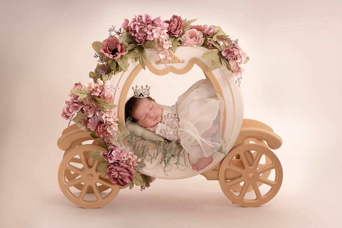 baby sleeping in a mini carriage for a newborn shoot in orlando