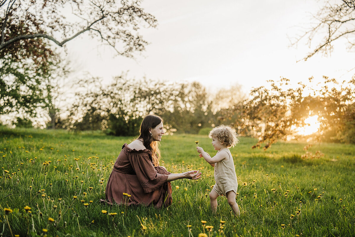 mother squats in a dandelion field with toddler son