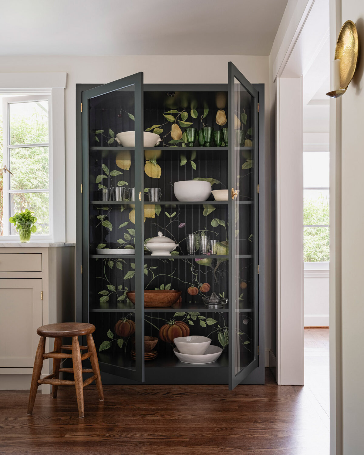 Wood-china-cabinet-fruit-patterned-backing