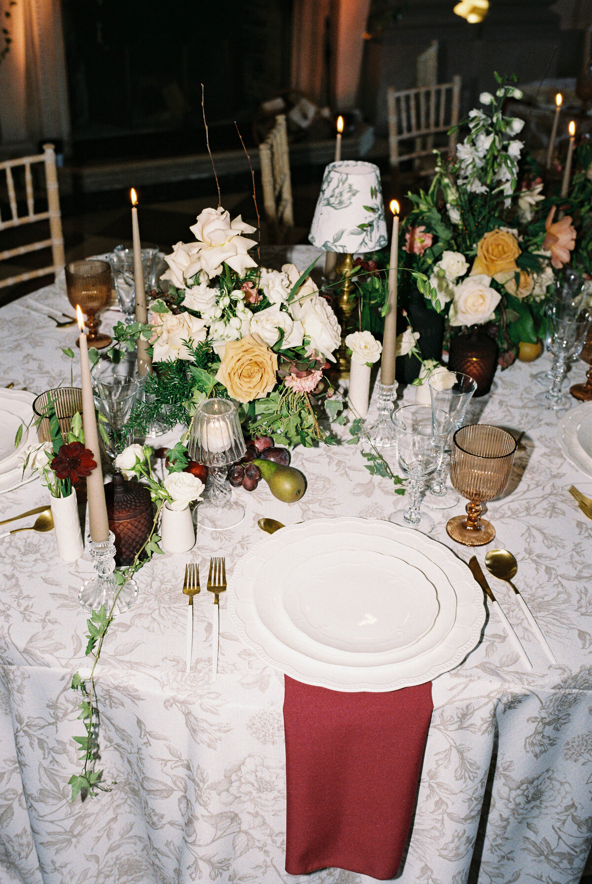 Luxury wedding tablescape captured on 35mm at Ragley Hall
