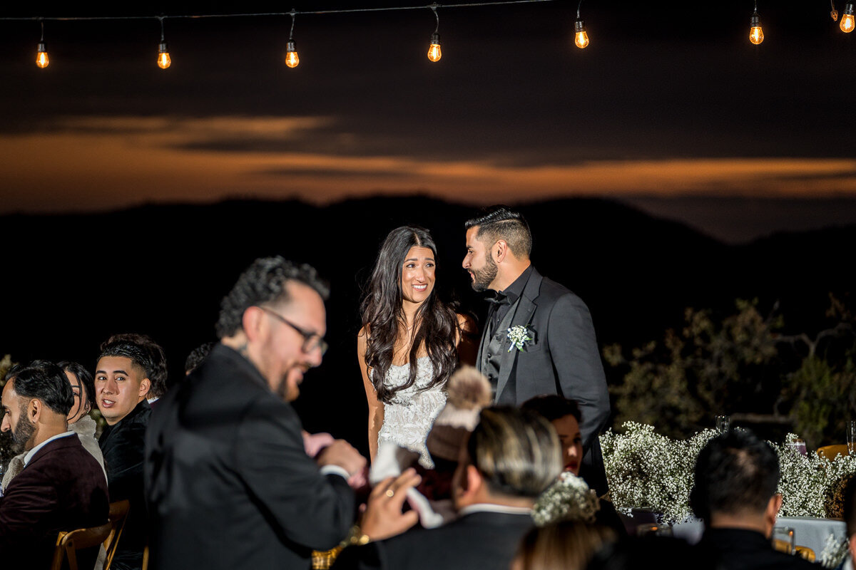 A candid moment of a bride and groom laughing together during their dinner reception at Airla Road Vineyard, surrounded by the warmth of friends, family, and the beautiful vineyard setting.