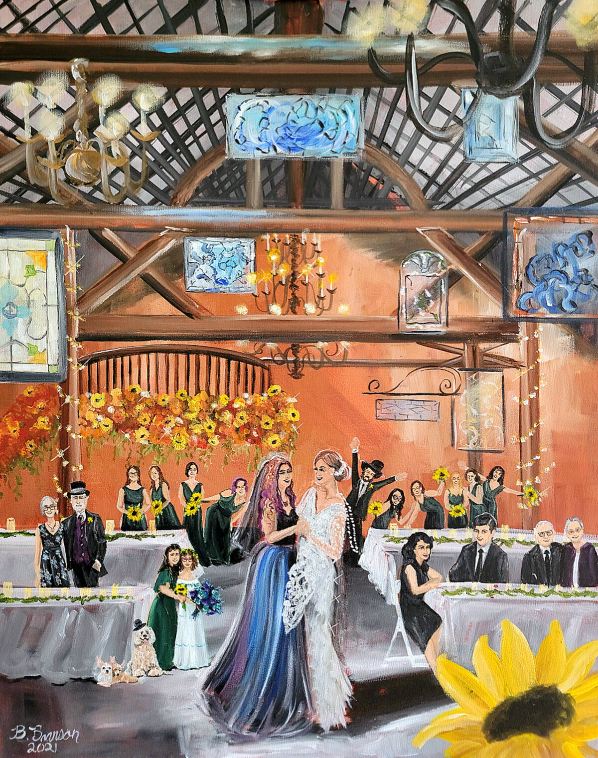 Live wedding painting of two brides sharing their first dance at the Spring Hill Manor in Rising Sun, Maryland