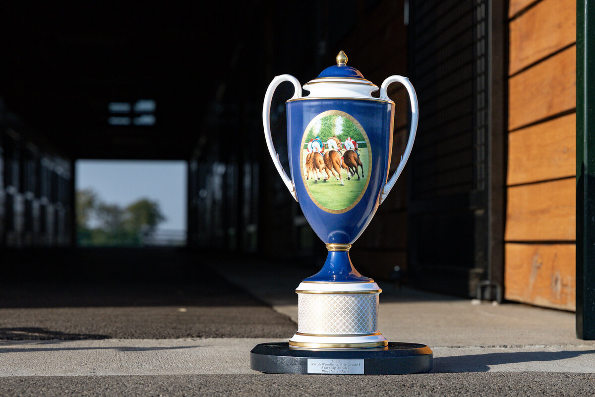 A horse racing trophy in a barn alleyway.