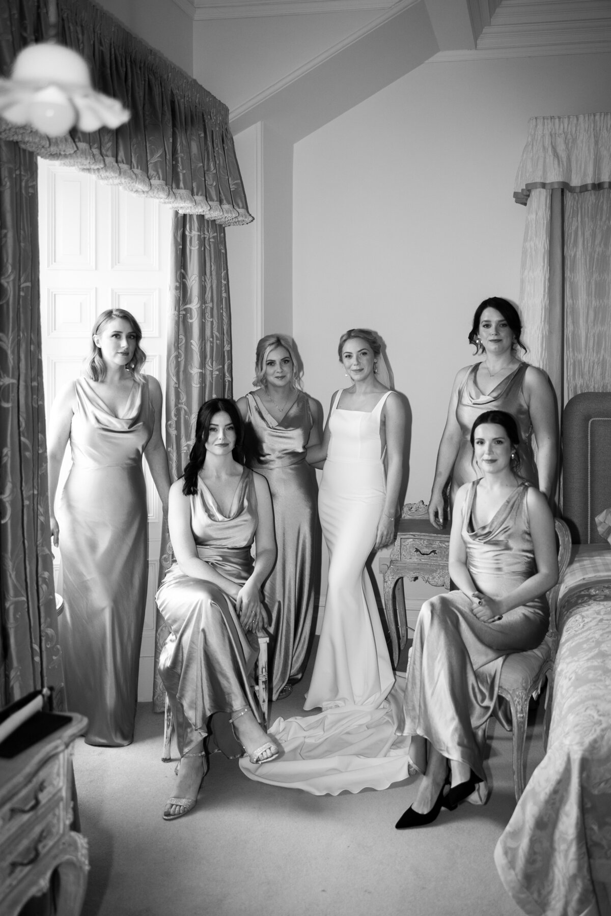 Wedding party group portrait at Springkell, Scotland