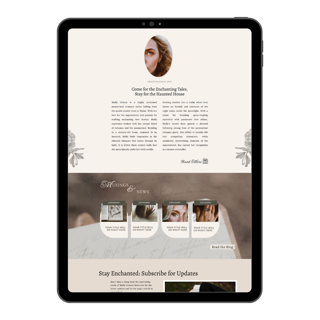 author bio light academia website design template for showit  a season of stories web design