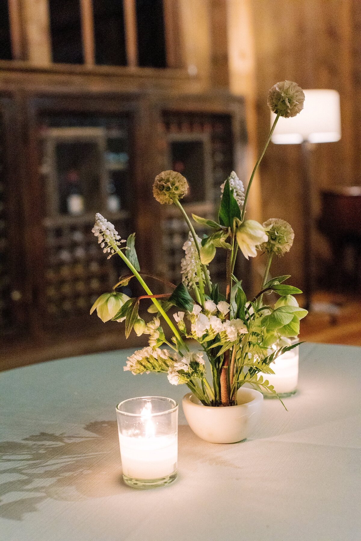 Floral arrangement on a wedding reception table