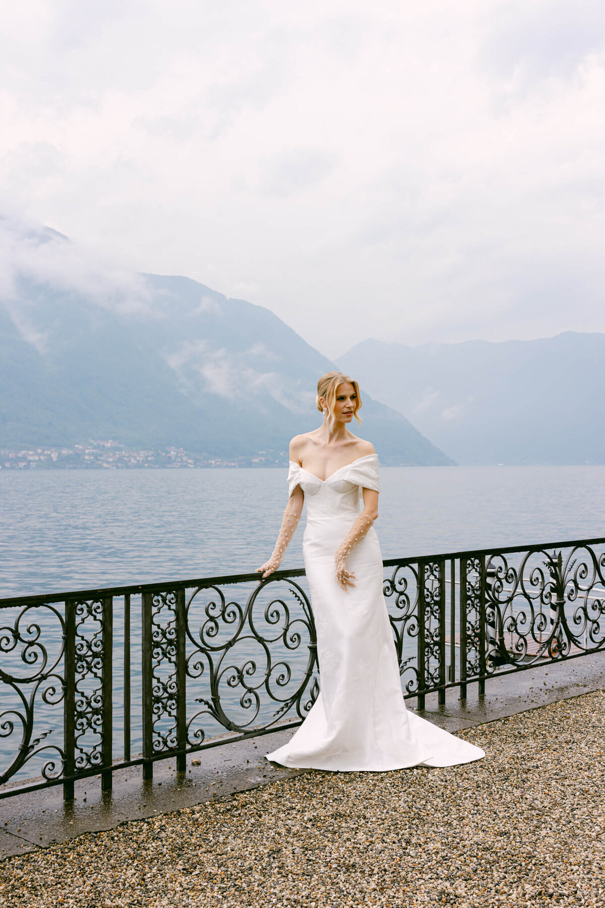A wedding photo of a bride in her white wedding dress at Villa Balbiano on Lake Como in Italy