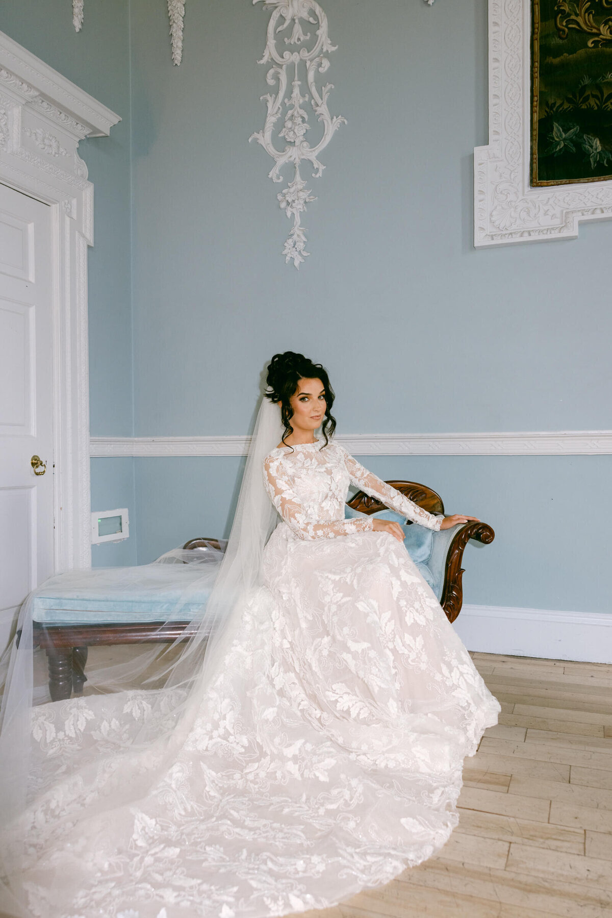 A wedding day photo of the bride in her white dress at the Luttrellstown Castle