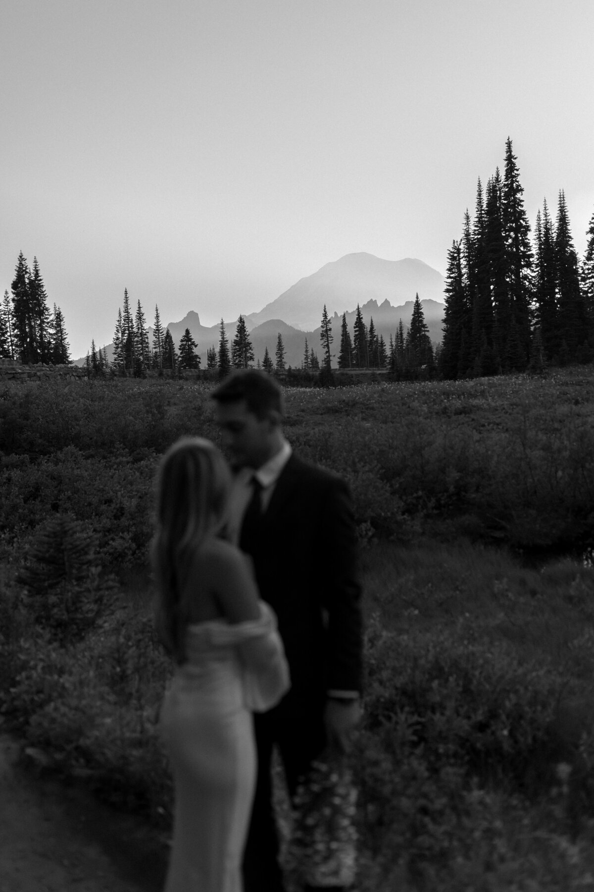 Black and white wedding photo of couple in mountains.