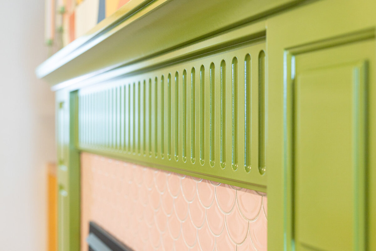 chartreuse green fireplace closeup