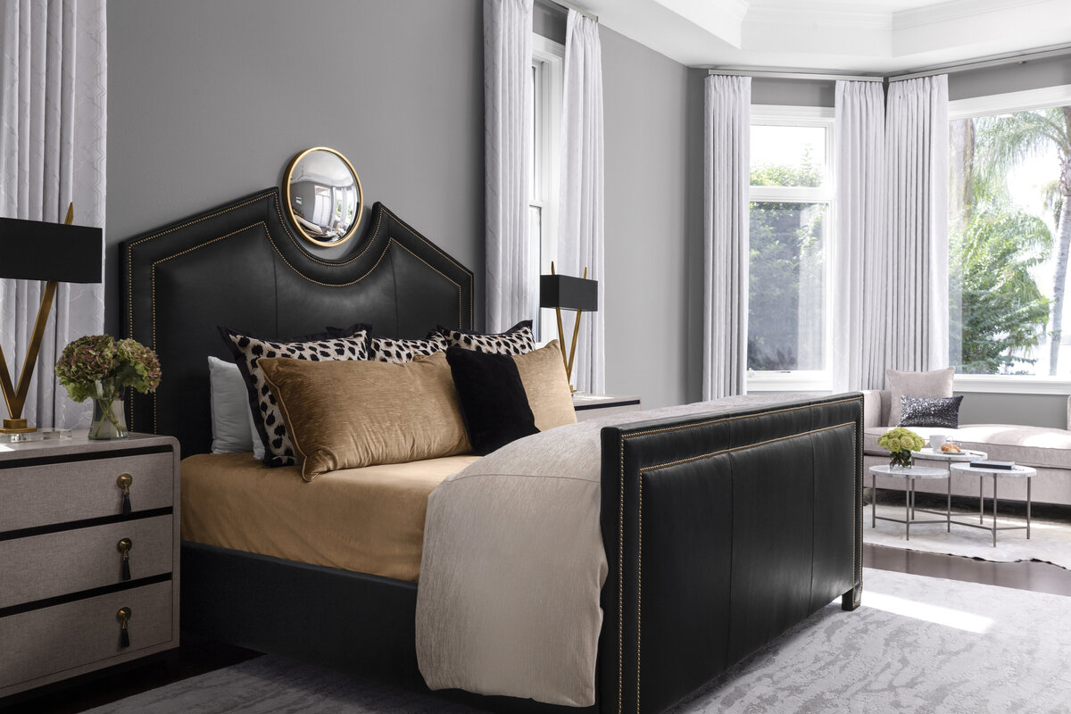 Black Fabric Design Bed With Dark Grey Walls