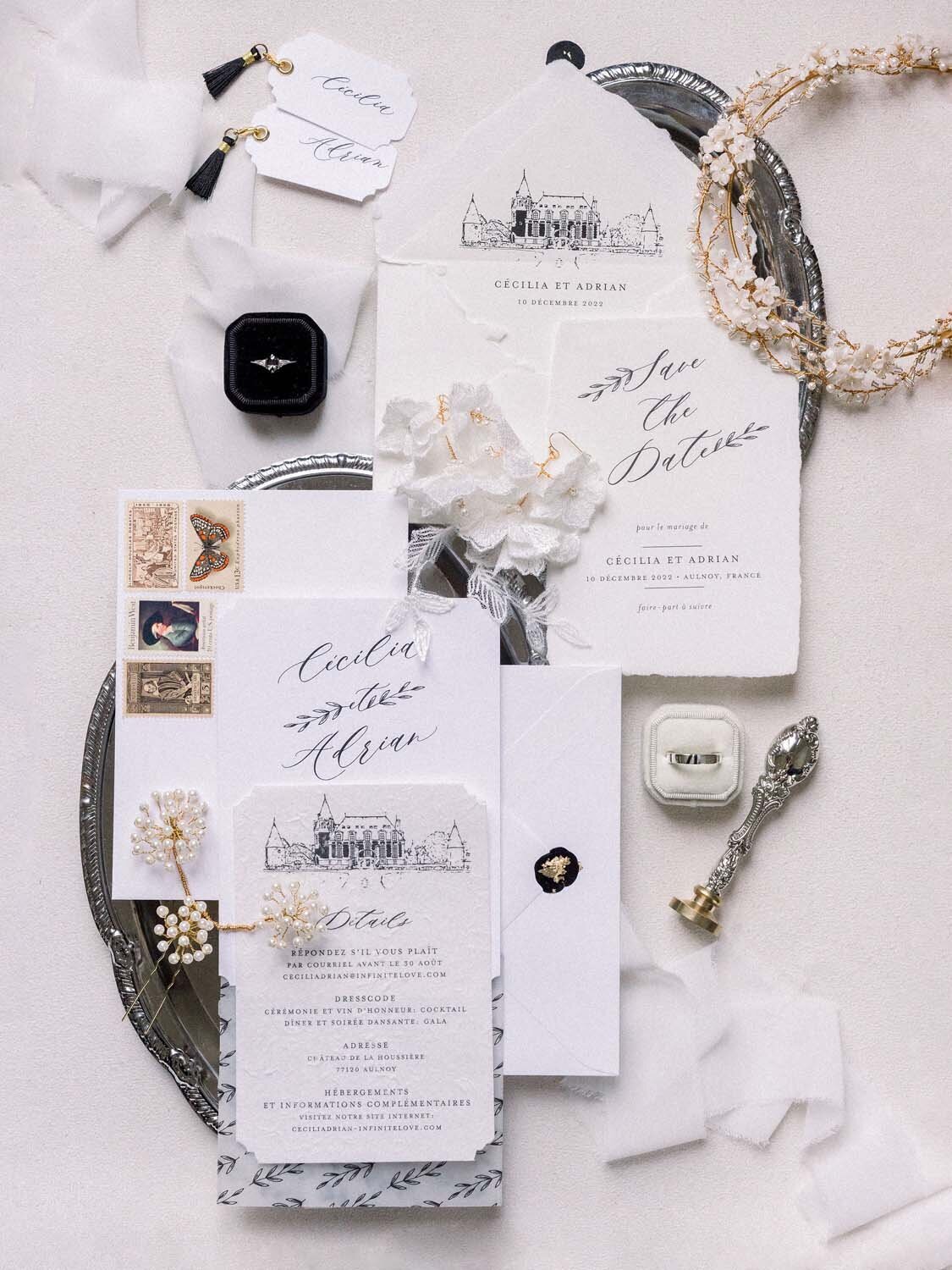 Parisian couture wedding in Black and White at chateau de Bonaventure Paris Veronique Lorre floral designer Aude lucas1
