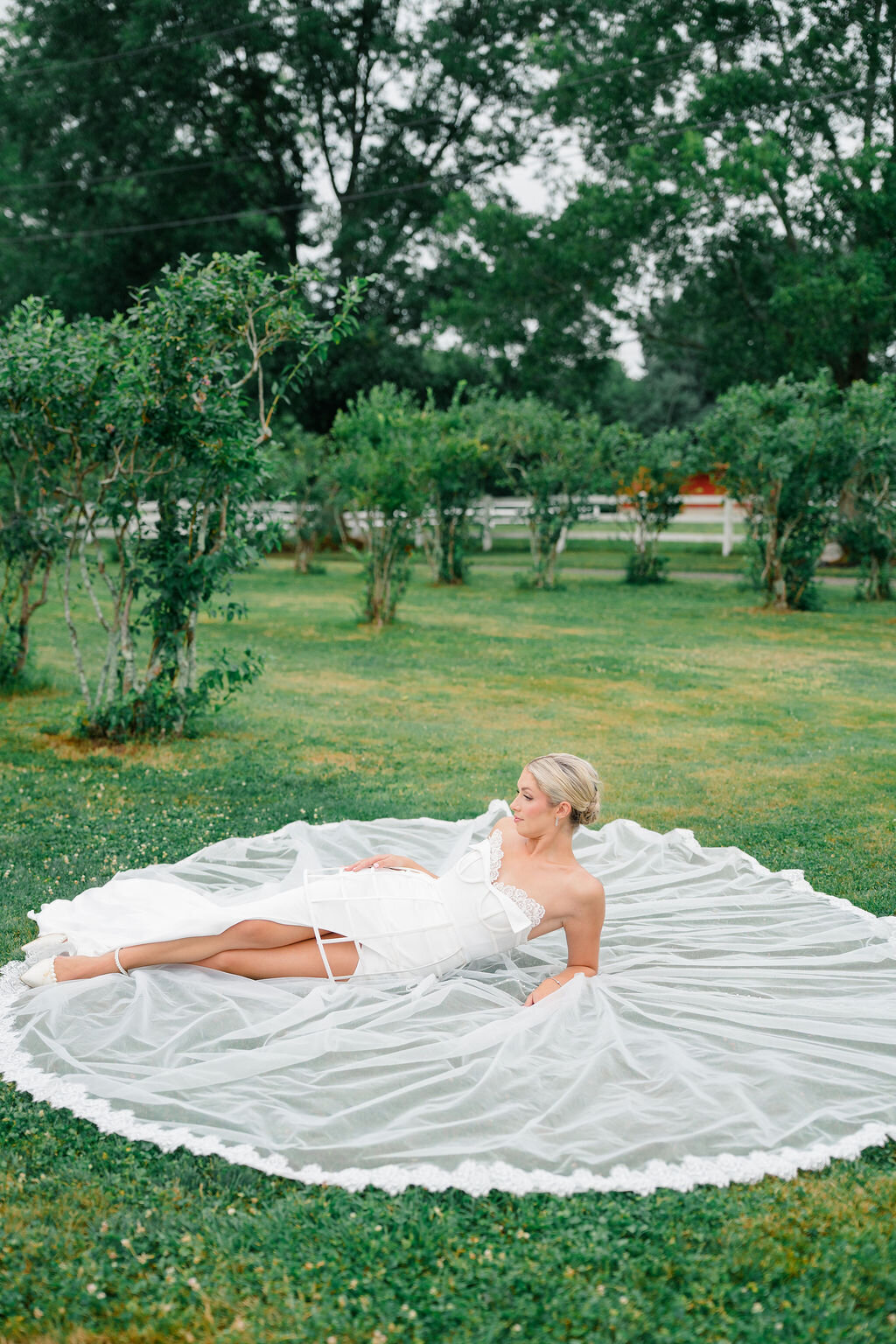 Bride wearing ivory lace blusher veil for classic wedding
