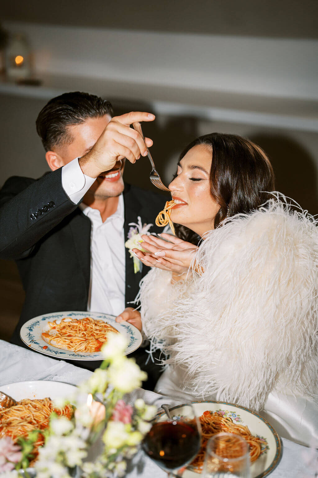 Couple eating Italian for their wedding dinner in New Jersey