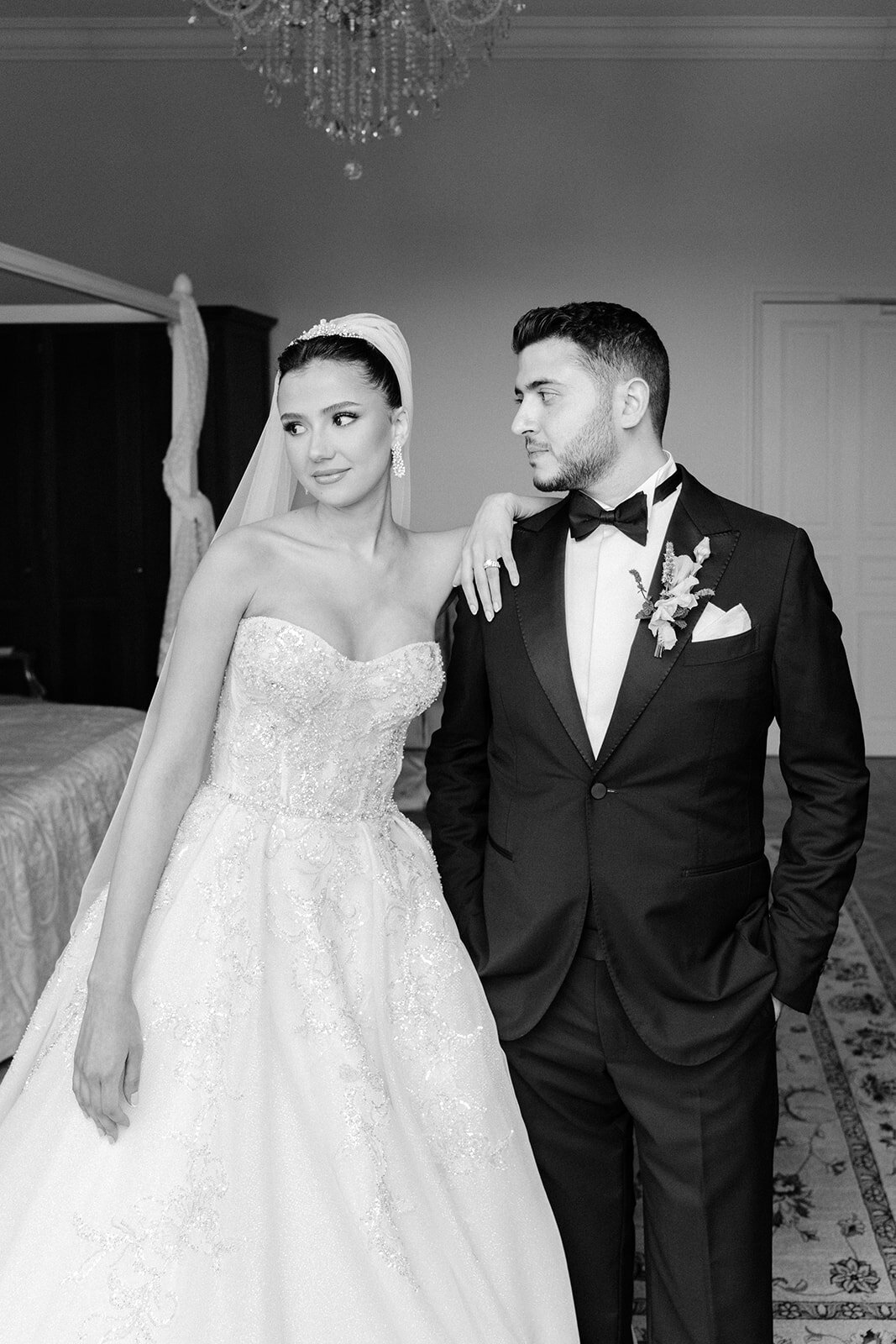 Elegant black and white photography of the bride and groom