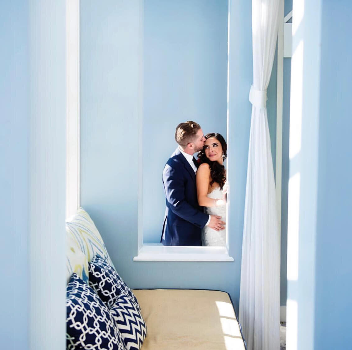 Bride and groom sharing a quiet moment at their destination wedding, with the bride's look styled by Mistique Makeup in San Antonio, a mobile bridal hair and makeup team specializing in on-location beauty services.
