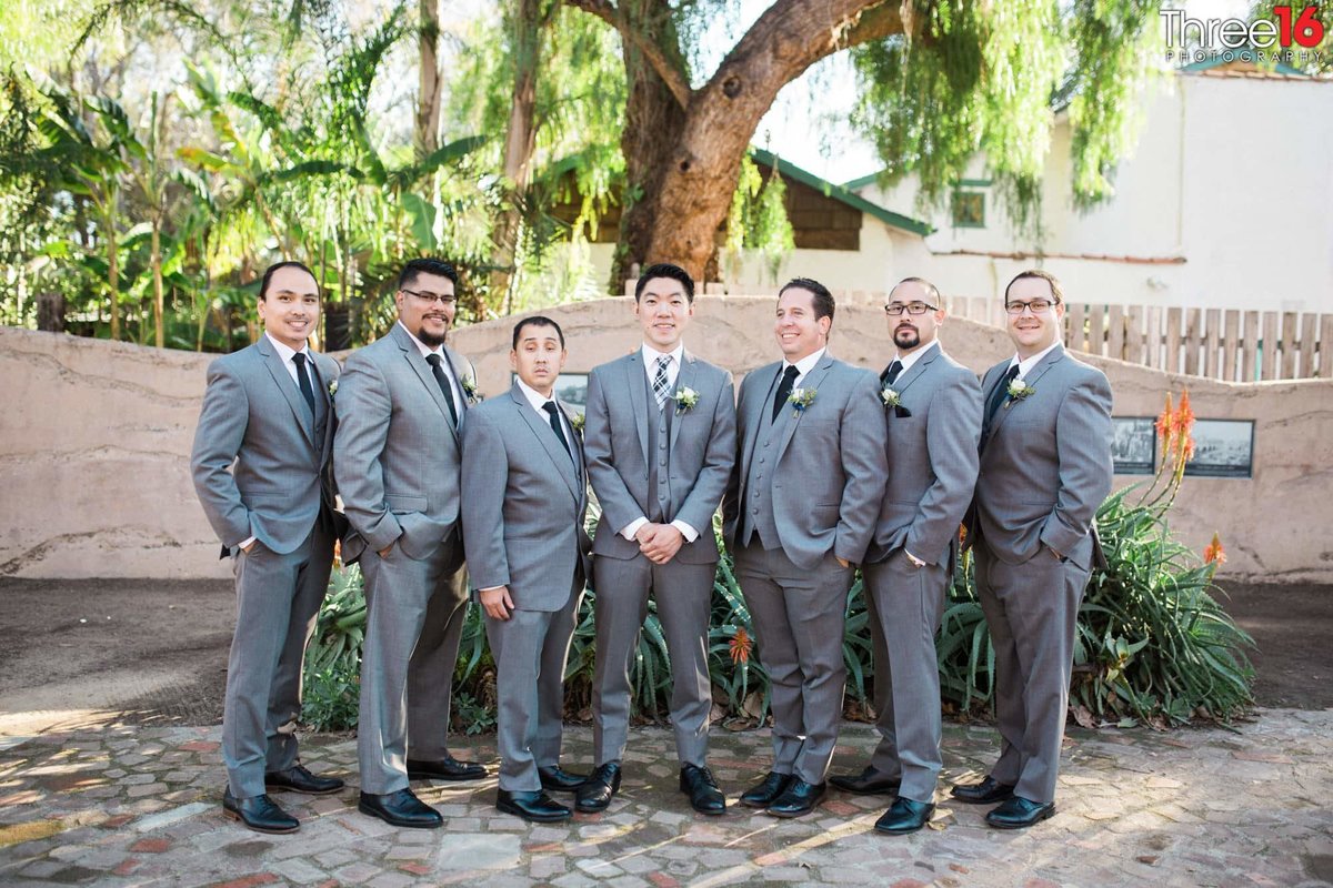 Groom and his Groomsmen pose in their gray suits