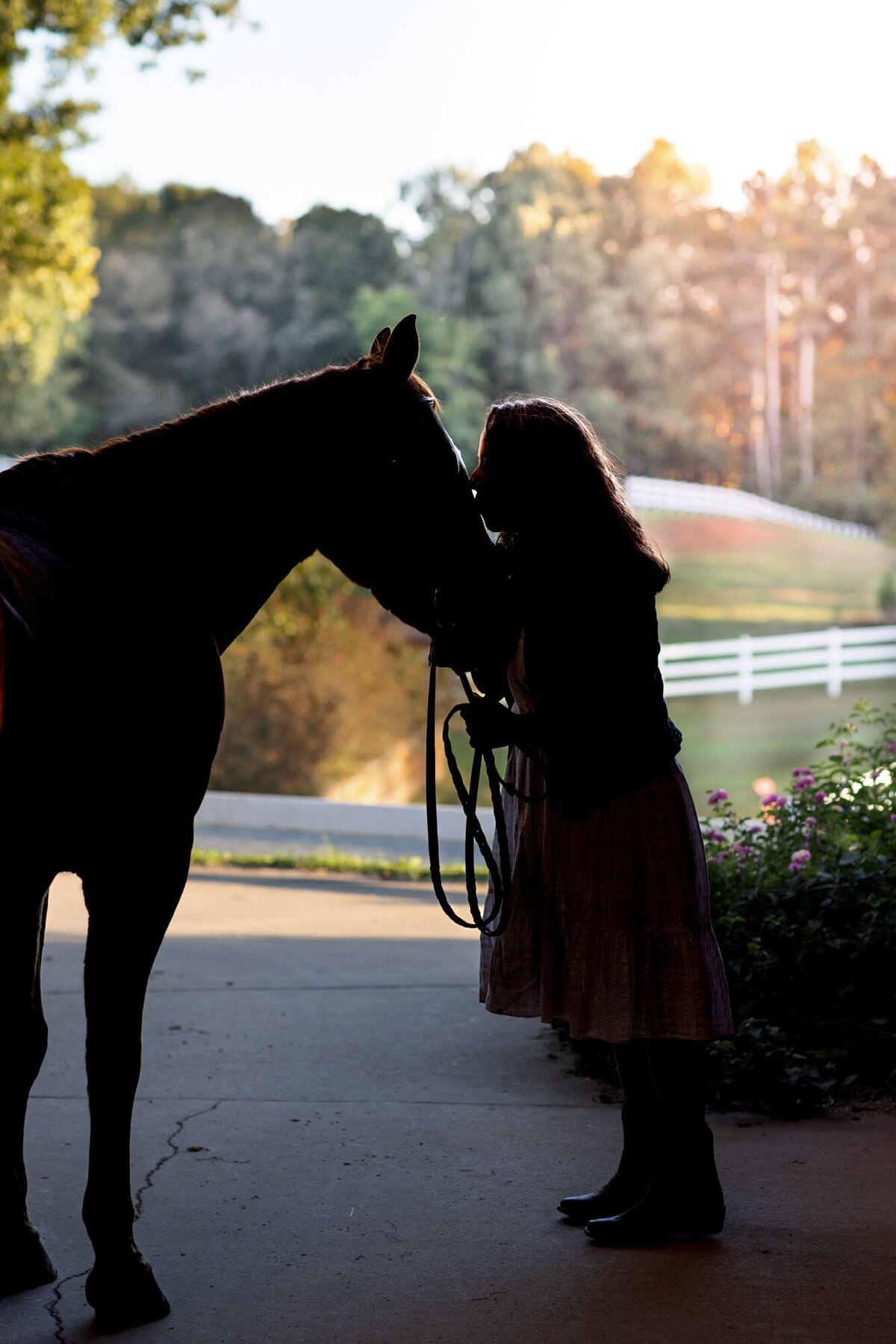 Silhouette of a girl kissing her horse on the head.
