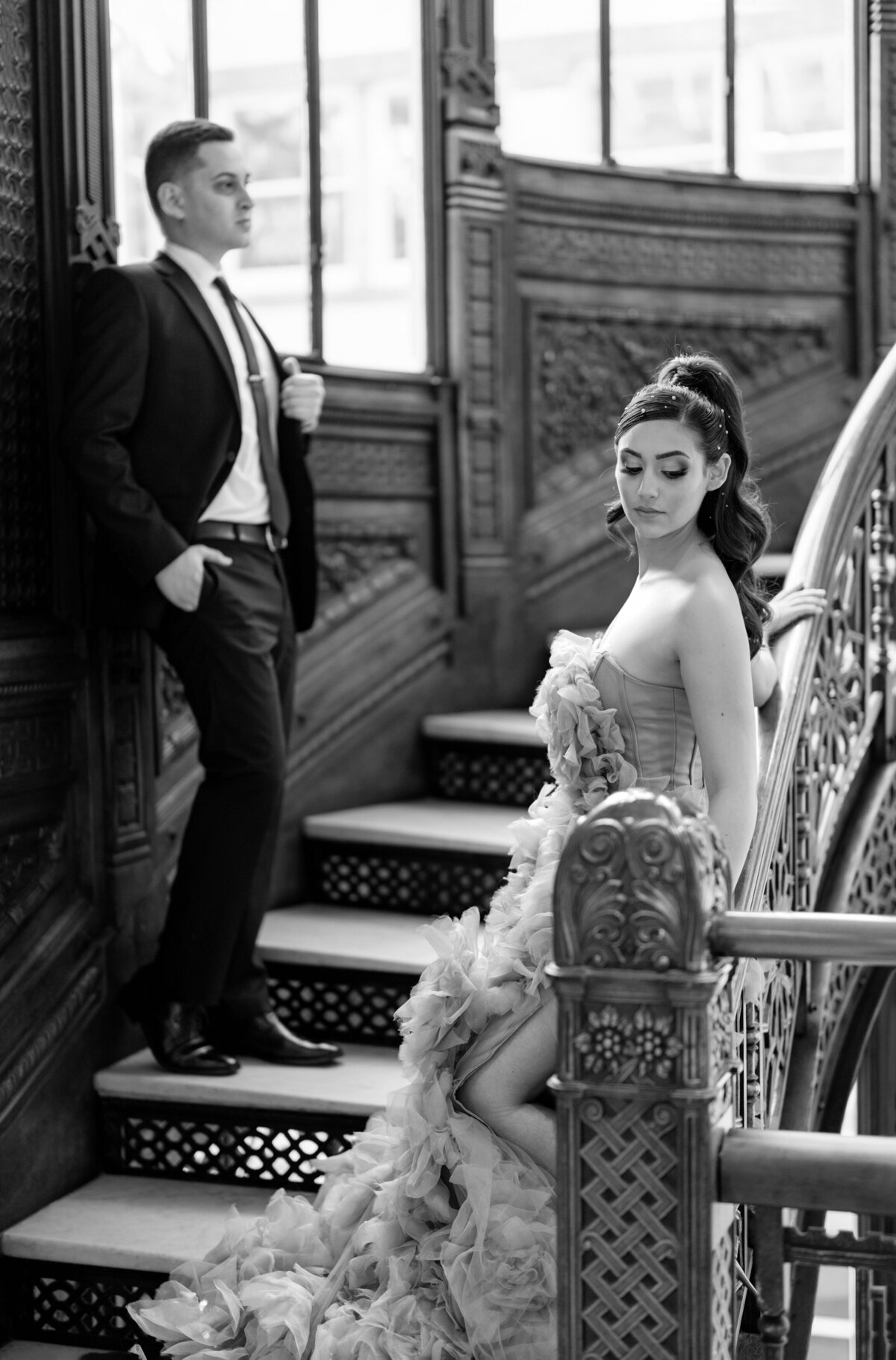 Aspen-Avenue-Chicago-Wedding-Photographer-Rookery-Engagement-Session-Histoircal-Stairs-Moody-Dramatic-Magazine-Unique-Gown-Stemming-From-Love-Emily-Rae-Bridal-Hair-FAV-4