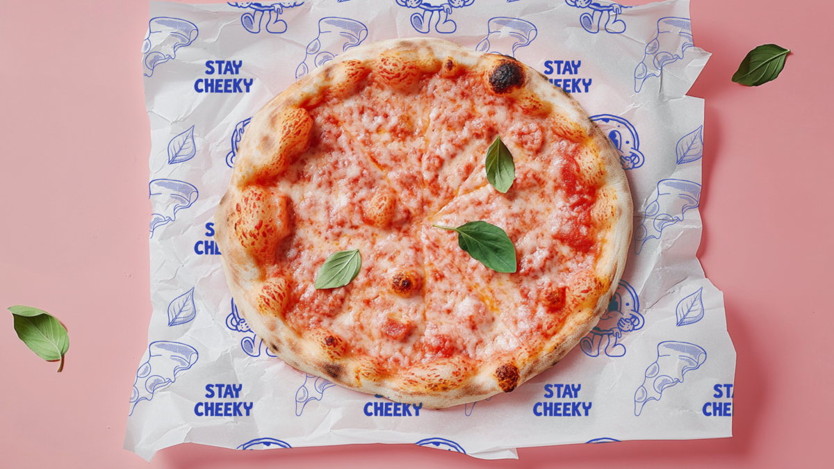 Flat lay of a pizza with the branded paper underneath