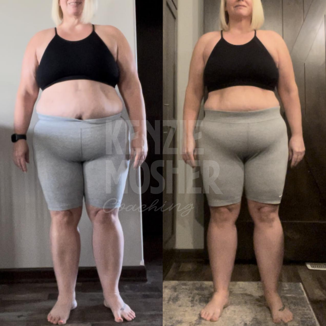 Before and after showing fat loss and improved energy through functional nutrition coaching.