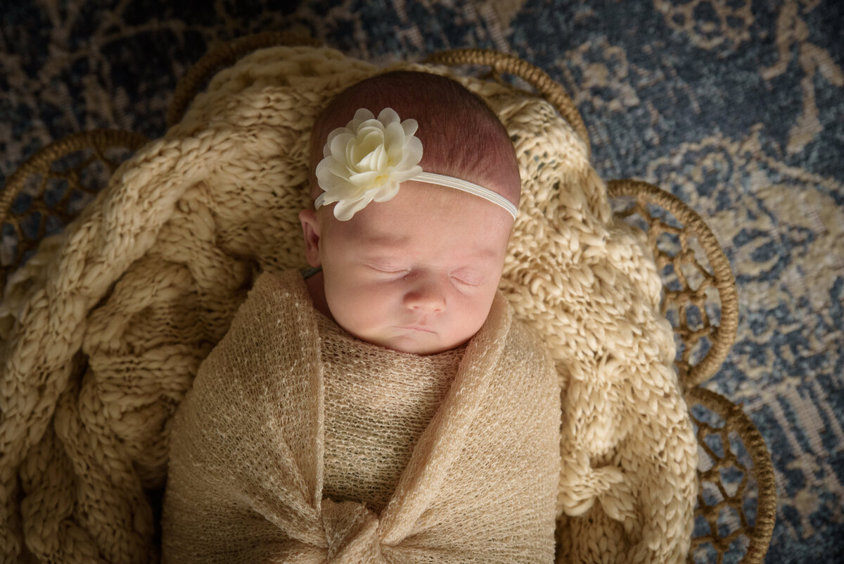 Newborn baby girl in a cream colored wrap and a cream flower posed in a basket in her home in Green Bay, Wisconsin.