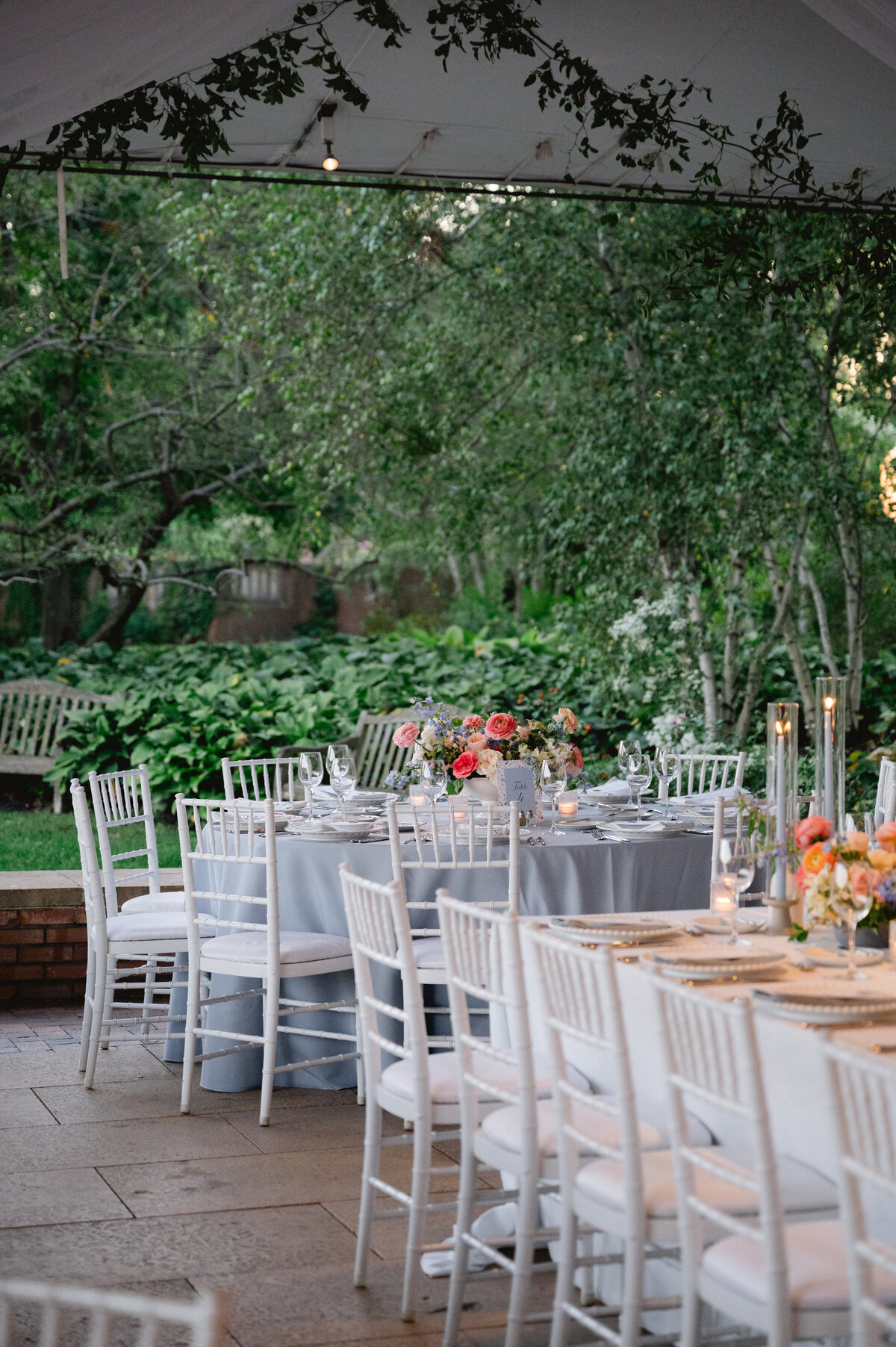 Overview of a beautifully decorated wedding reception area