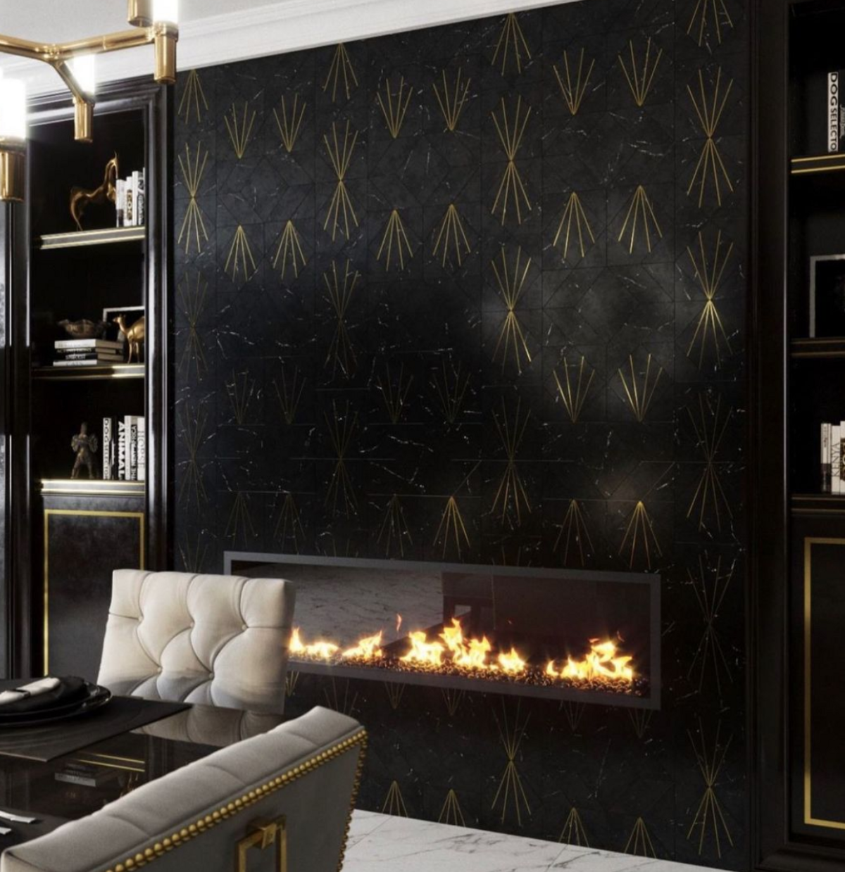black and gold fireplace