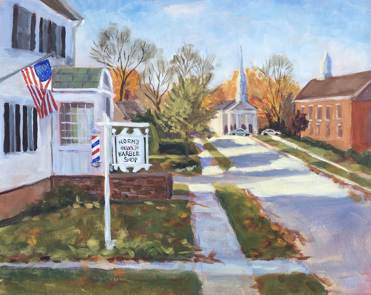 Painting of downtown Cheshire Ct where Norm's Barber Shop was autumn day with leaves on the ground, 16 x 20 acrylic painting by Connecticut painter Linda Marino