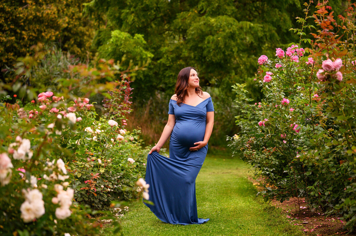pregnant woman wearing a blue maternity dress in a rose garden for her outdoor maternity photography session in Burlington, Ontario