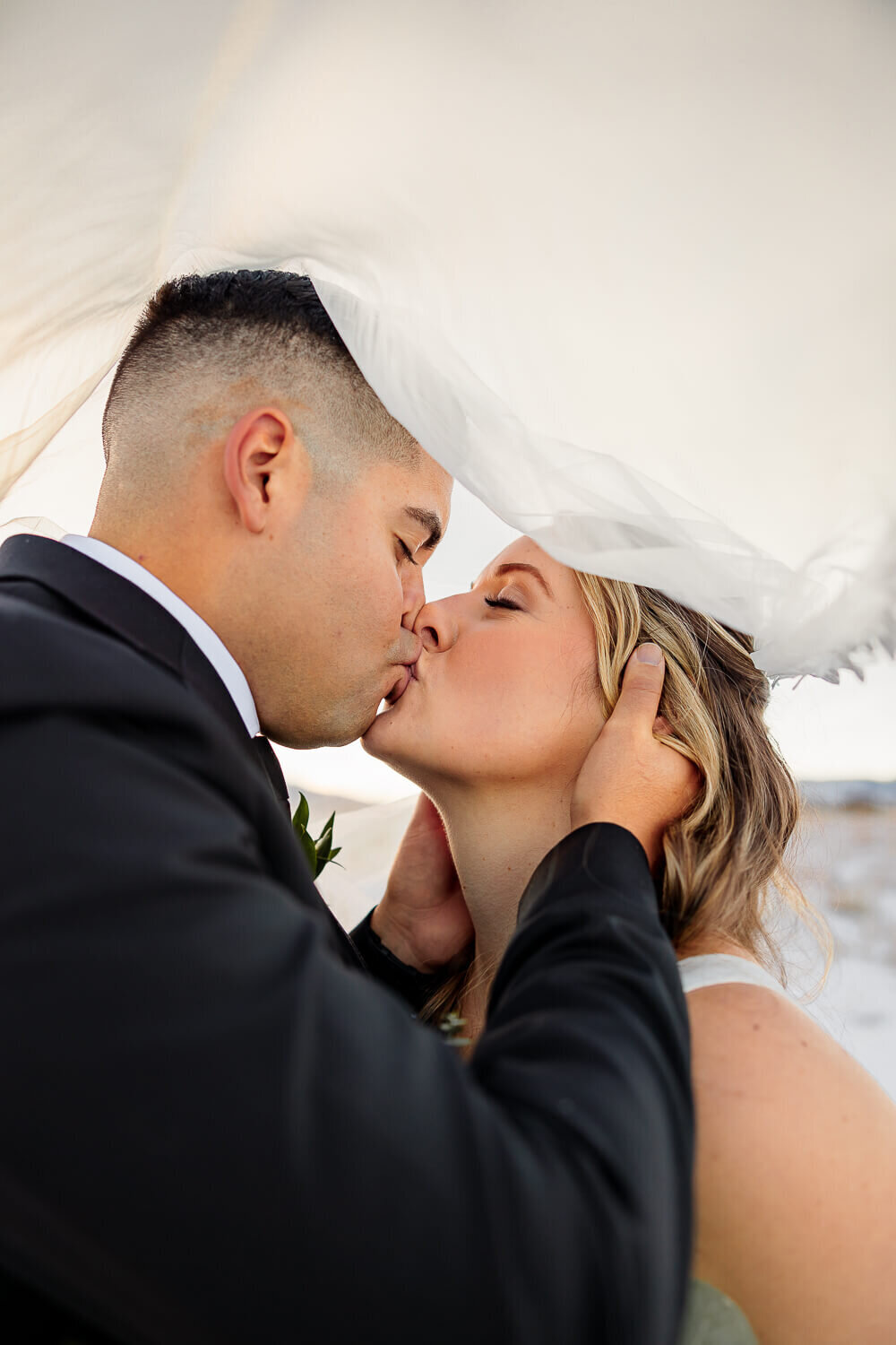 Bride and groom under a vail, kissing. Captured by Colorado Springs wedding photographer